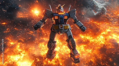 Glowing Energy Core of a Gundam Amid Explosive Background