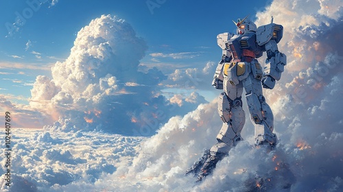Gundam with Glowing Eyes in a Dynamic Cloudscape