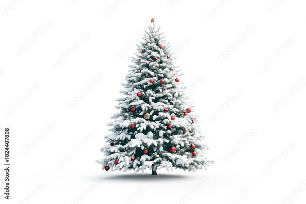 A full green snowy pine tree displayed prominently isolated on white background, Christmas holiday concept A full green snowy pine tree displayed prominently isolated on white background, Christmas holiday concept