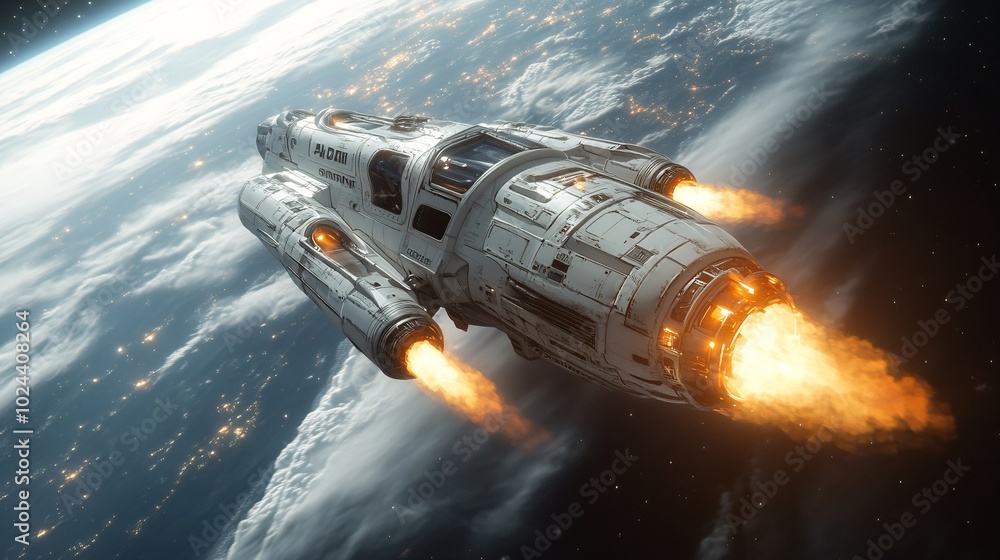 Fototapeta premium Futuristic spacecraft with jetpack and thrusters in space