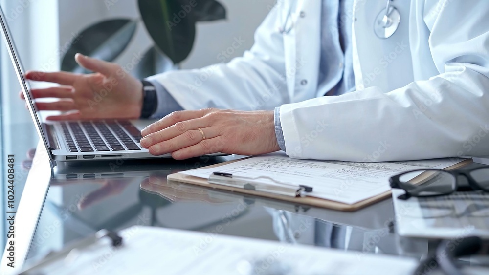 Doctor is using laptop computer in clinic office while sitting at the glass desk. Medicine concept Doctor is using laptop computer in clinic office while sitting at the glass desk. Medicine concept
