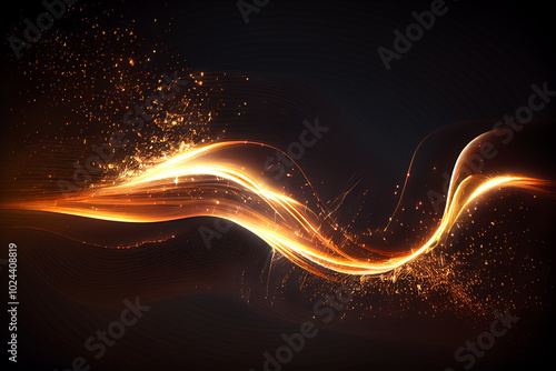 Abstract glowing wave of light and sparks creating a magical and dynamic energy flow on a dark background