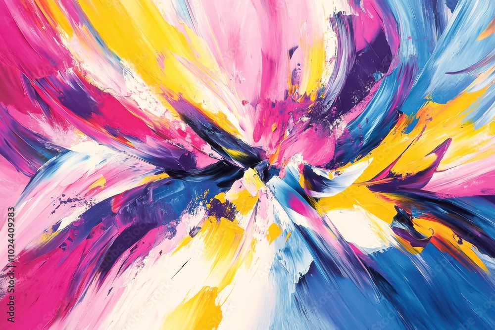 A dynamic and energetic abstract painting filled with swirling colors of pink, yellow, blue A dynamic and energetic abstract painting filled with swirling colors of pink, yellow, blue