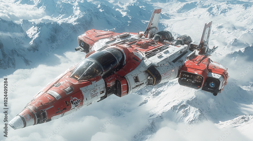 Futuristic Spaceship Above Snowy Mountain Landscape Futuristic Spaceship Above Snowy Mountain Landscape