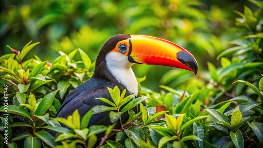 Toco toucan perched in lush rainforest vegetation in Pantanal bird eye view Toco toucan perched in lush rainforest vegetation in Pantanal bird eye view