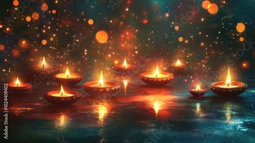 Burning Diya Lamps with Golden Lights and Bokeh