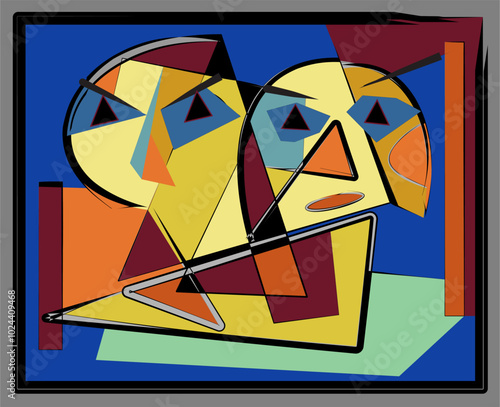 Geometric shapes and bold colors dominate the composition, creating an abstract and modern effect. Two overlapping figures with triangular features are set against a vibrant blue background.