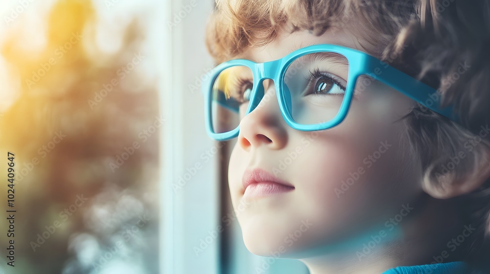 Young child wearing blue glasses focusing on distant tree outside window, symbolizing myopia prevention and importance of outdoor activities Young child wearing blue glasses focusing on distant tree outside window, symbolizing myopia prevention and importance of outdoor activities