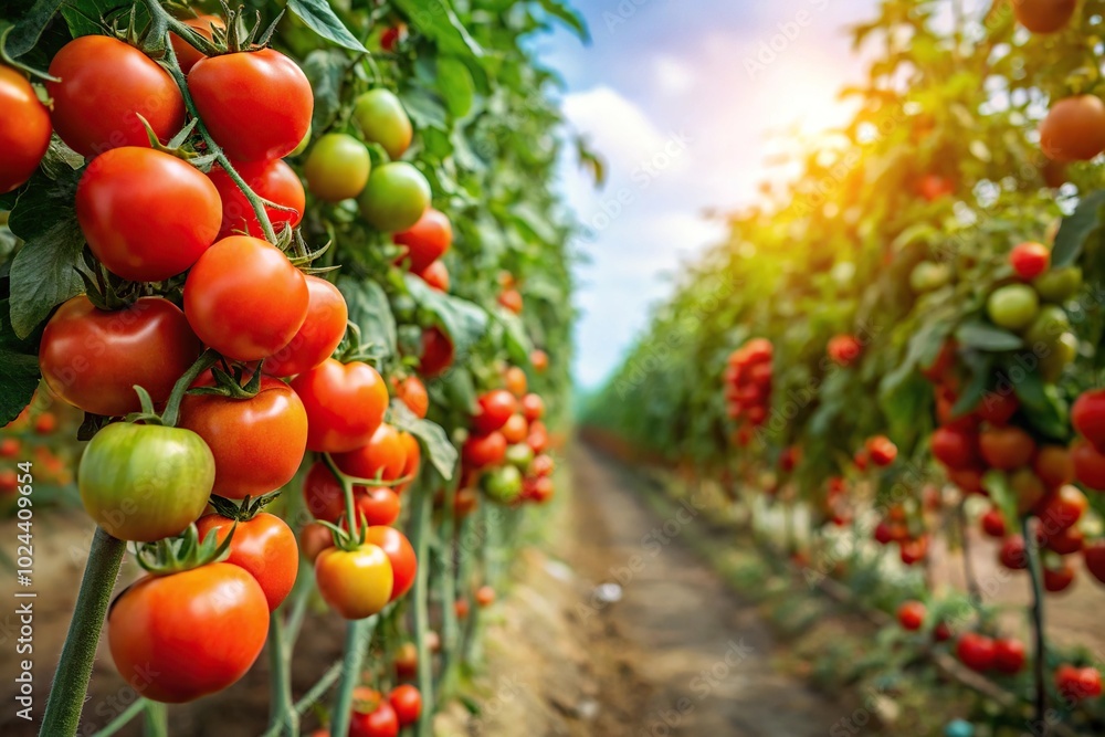Tomato bushes on a plantation bearing ripe tomatoes under low angle view Tomato bushes on a plantation bearing ripe tomatoes under low angle view