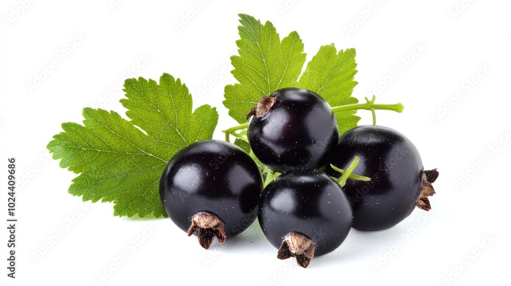 Black currant with green leaves isolated on a white background close up Black currant with green leaves isolated on a white background close up