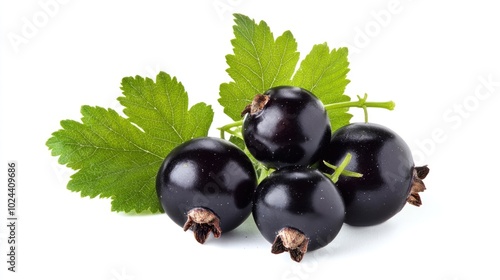 Black currant with green leaves isolated on a white background close up