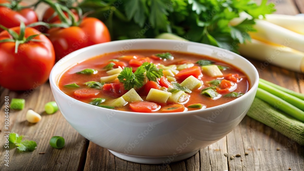Tomato minestrone soup garnished with celery served in bowl Tomato minestrone soup garnished with celery served in bowl