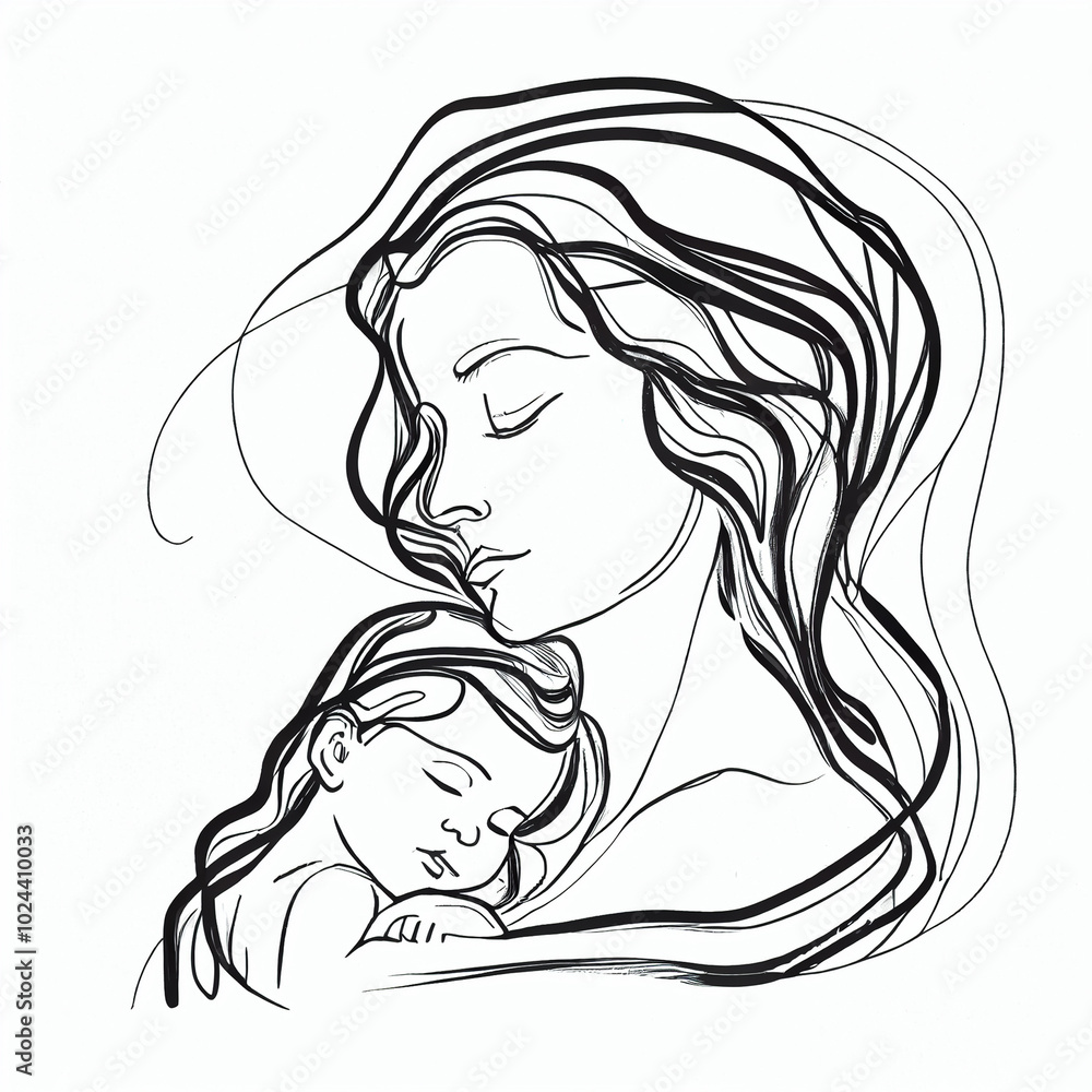 Continuous line drawing of a mother with a sleeping newborn baby, symbolizing love and motherhood