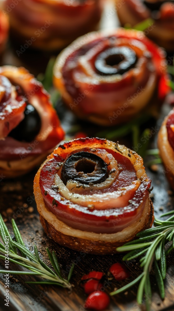 Gourmet bacon roses with cheese olives on rustic board Gourmet bacon roses with cheese olives on rustic board
