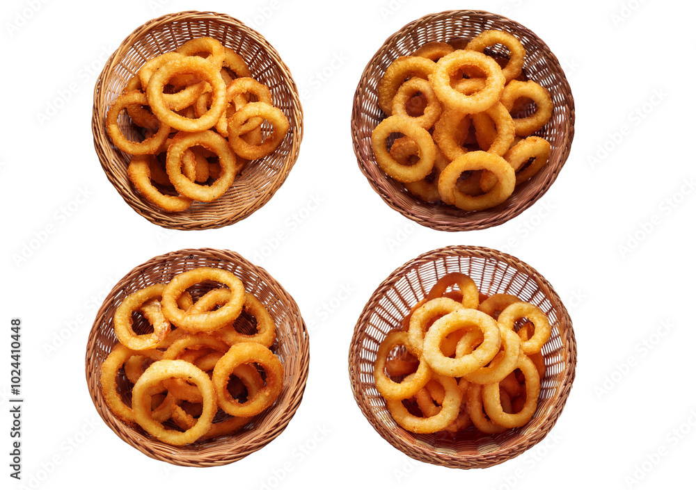 Collection onion rings basket top view full length isolated on transparent or white background Collection onion rings basket top view full length isolated on transparent or white background