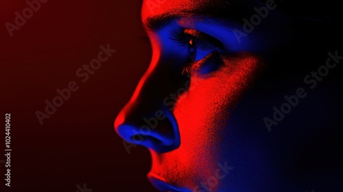 Dramatic portrait of person with red blue lighting