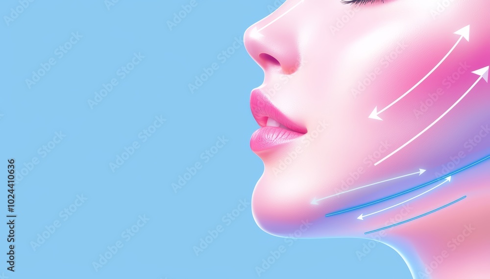 A digital illustration of a womans face with arrows and lines showing the areas of skin that are tightened during a facial contouring procedure. A digital illustration of a womans face with arrows and lines showing the areas of skin that are tightened during a facial contouring procedure.