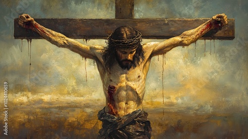 A Depiction of Jesus Christ on the Cross with Blood Dripping Down His Body