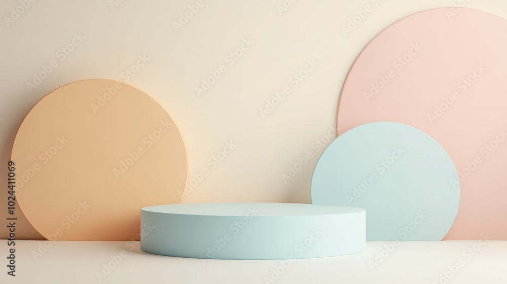 3D rendered abstract background featuring geometric shapes and a pastel colored podium in a minimal design 3D rendered abstract background featuring geometric shapes and a pastel colored podium in a minimal design