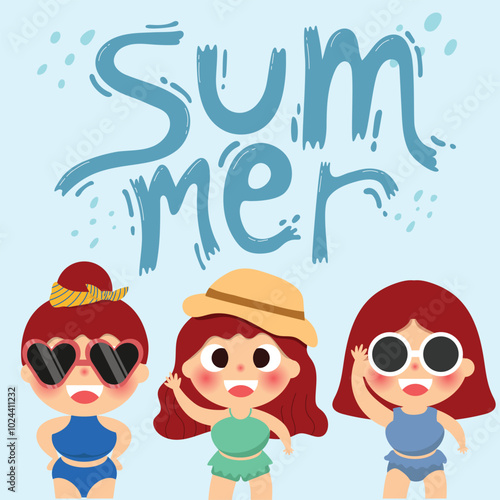 Girls with swimming suits and summer hand drawing typography.