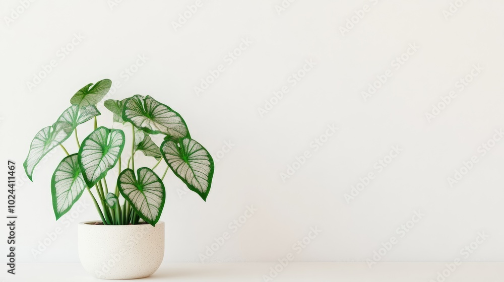 Caladium Bicolor plants thriving in small pots against a white backdrop Contemporary natural setting featuring minimalist flat design illustrations Caladium Bicolor plants thriving in small pots against a white backdrop Contemporary natural setting featuring minimalist flat design illustrations