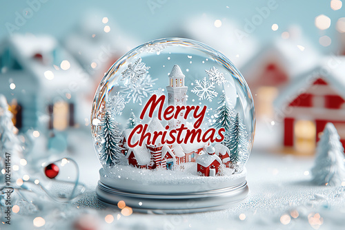 Festive snow globe with 'Merry Christmas' and winter village background.