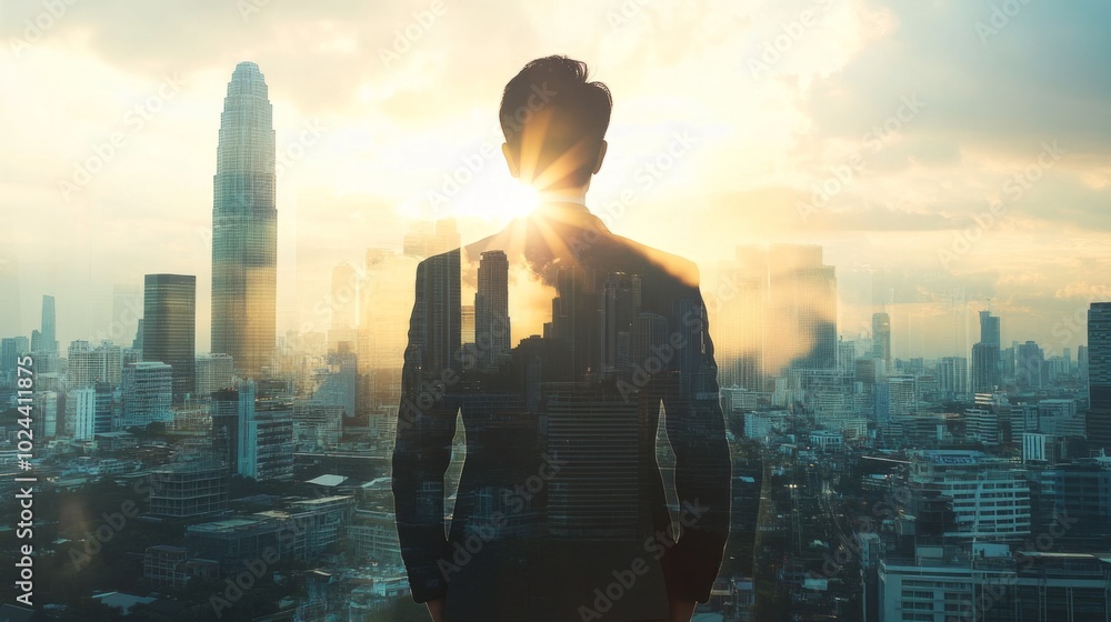 A man in a suit stands in front of a city skyline with the sun shining on him A man in a suit stands in front of a city skyline with the sun shining on him
