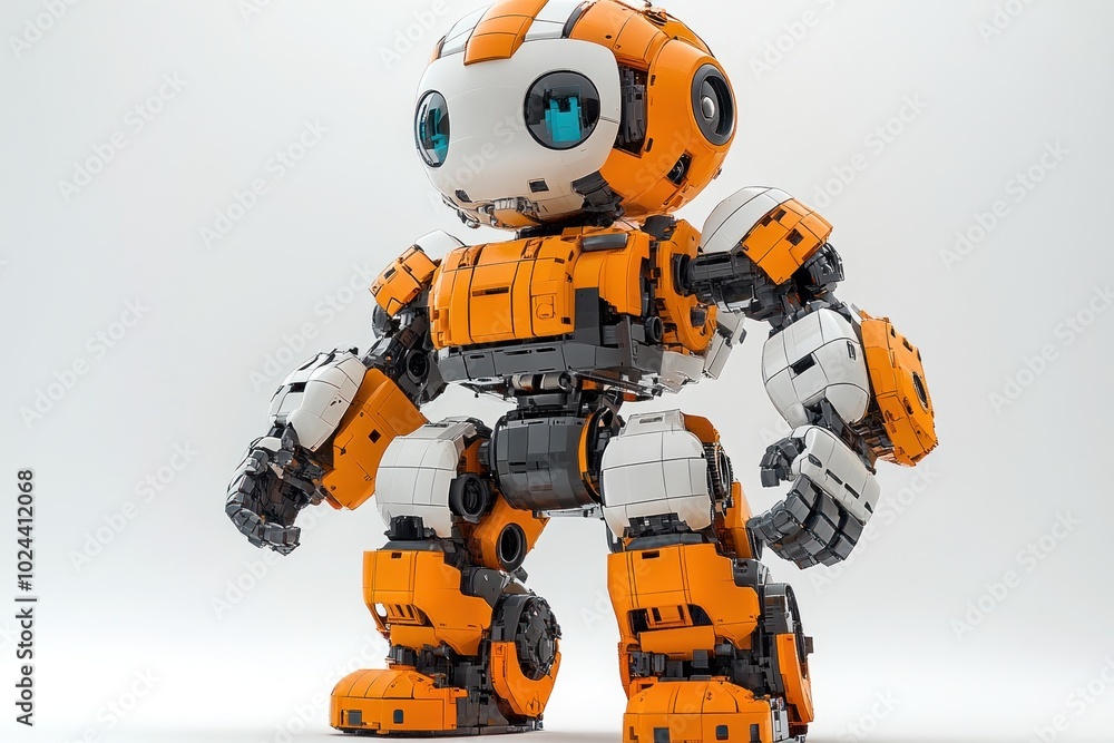 A small, orange and white robot stands on a white background. It has large, blue eyes and a friendly expression. A small, orange and white robot stands on a white background. It has large, blue eyes and a friendly expression.