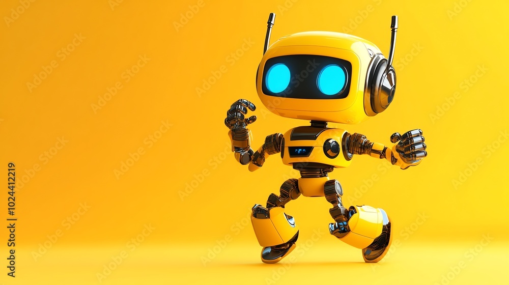 Yellow robot with blue eyes walks on a yellow background. Yellow robot with blue eyes walks on a yellow background.