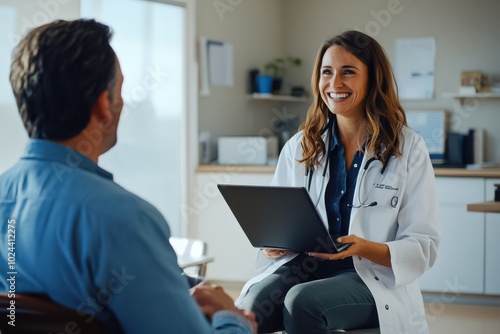 A female doctor in a white coat sits across from a male patient in a bright, well-lit clinic room