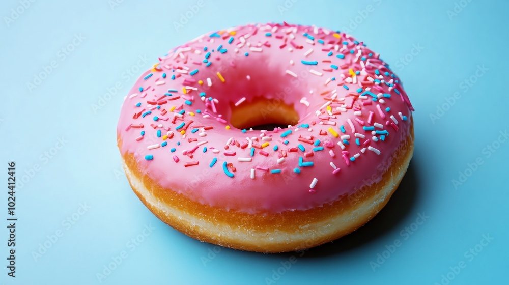 Close-up of a pink frosted donut with sprinkles on a blue background. Close-up of a pink frosted donut with sprinkles on a blue background.