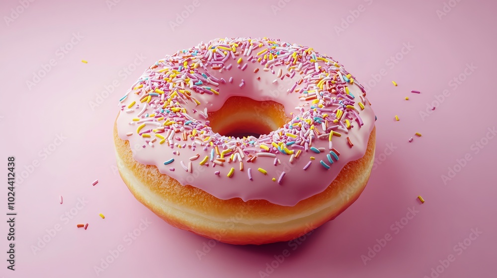 Pink glazed donut with sprinkles against a pink background. Pink glazed donut with sprinkles against a pink background.