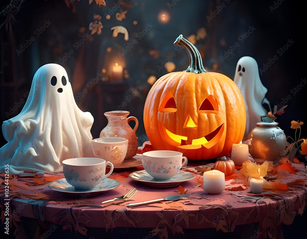 Ghosts having tea party at halloween night with jack o lantern Ghosts having tea party at halloween night with jack o lantern