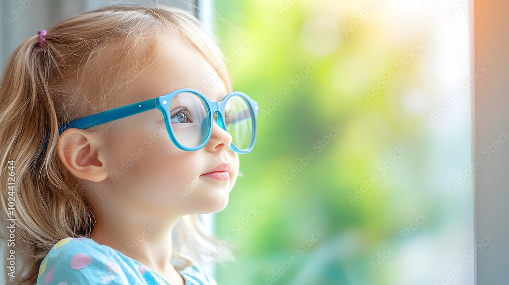 Young child wearing blue glasses focusing on distant tree outside window, symbolizing myopia prevention and importance of outdoor activities Young child wearing blue glasses focusing on distant tree outside window, symbolizing myopia prevention and importance of outdoor activities