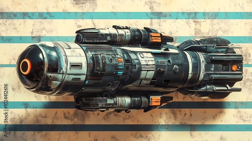 A futuristic spaceship with a sleek design sits on a retro-style striped background.