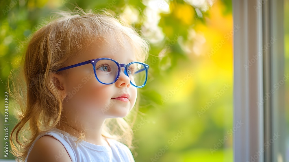 Young child wearing blue glasses focusing on distant tree outside window, symbolizing myopia prevention and importance of outdoor activities Young child wearing blue glasses focusing on distant tree outside window, symbolizing myopia prevention and importance of outdoor activities
