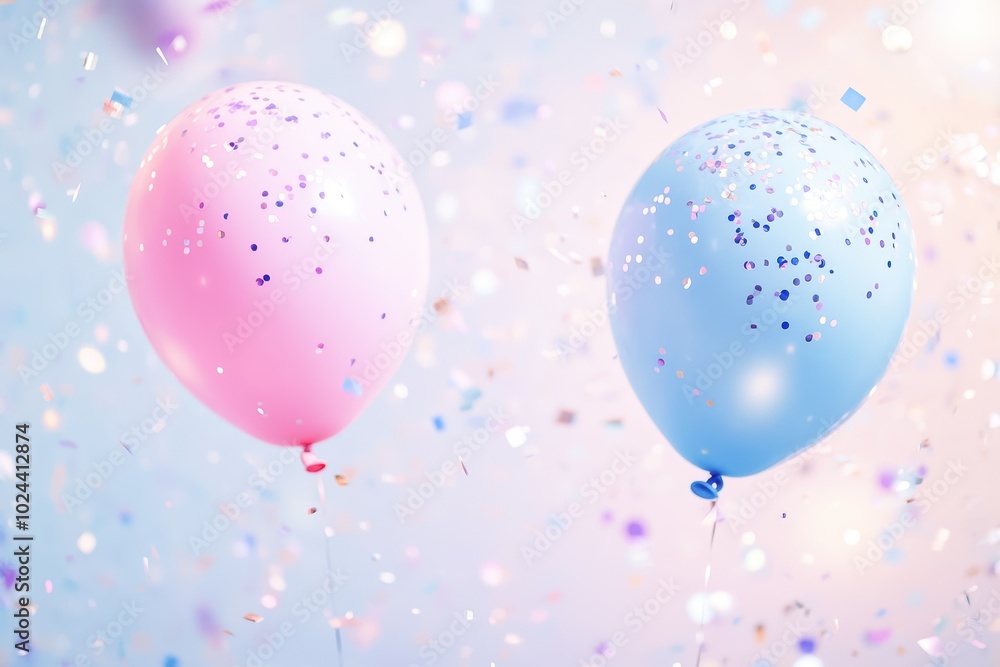 A festive scene with pastel pink and blue balloons floating on either side A festive scene with pastel pink and blue balloons floating on either side