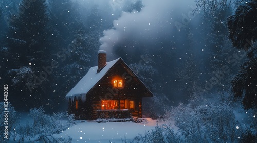 Cozy cabin with warm lights glowing in the windows, smoke rising from the chimney, surrounded by snow-covered trees in a winter wonderland.