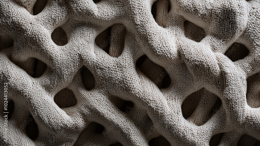 A close-up view of knitted fabric, showcasing the intricate intertwining of threads that create a textured and flexible material. The soft and cozy appearance of the fabric invites warmth A close-up view of knitted fabric, showcasing the intricate intertwining of threads that create a textured and flexible material. The soft and cozy appearance of the fabric invites warmth