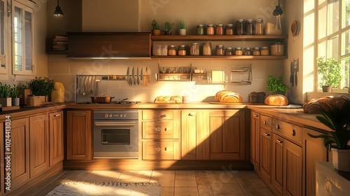 A cozy kitchen with warm sunlight streaming through a window and onto the wooden cabinets and counters.