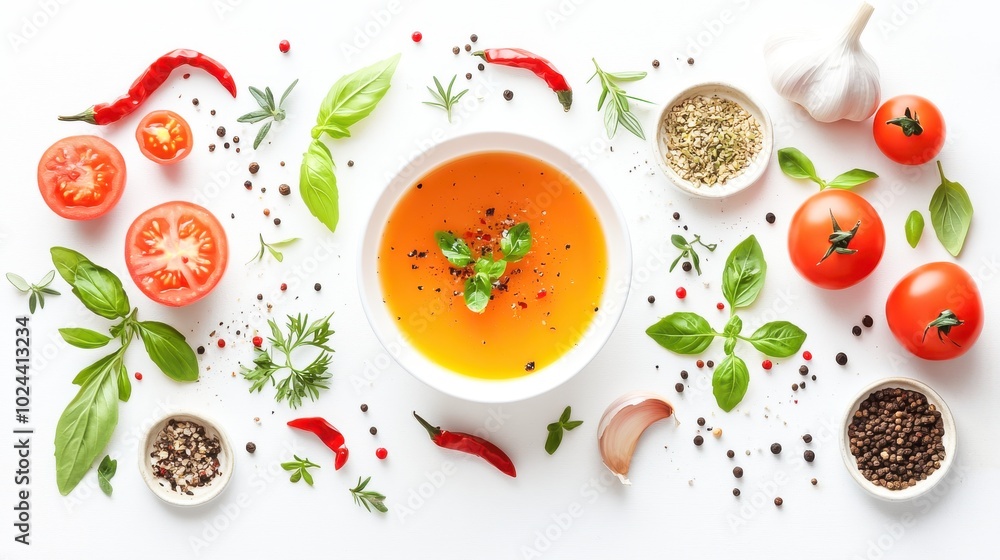 A flat-lay arrangement of various fresh ingredients for a cooking recipe A flat-lay arrangement of various fresh ingredients for a cooking recipe