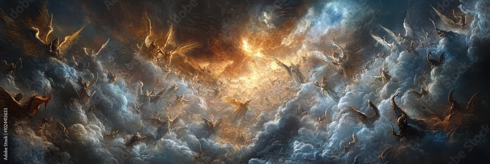 The Ethereal Battleground of Eternity: Vast armies of angels and demons clash on clouds that shift between celestial light and hellfire. The Ethereal Battleground of Eternity: Vast armies of angels and demons clash on clouds that shift between celestial light and hellfire.