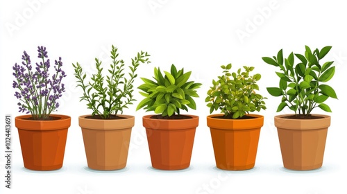 Cartoon style illustration featuring six pots filled with various plants against a white backdrop