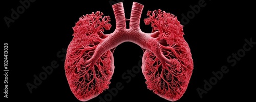 A realistic depiction of the heart's structure, showing how the heart's septum divides it into two mirrored halves, with equal blood distribution to the lungs and body. photo