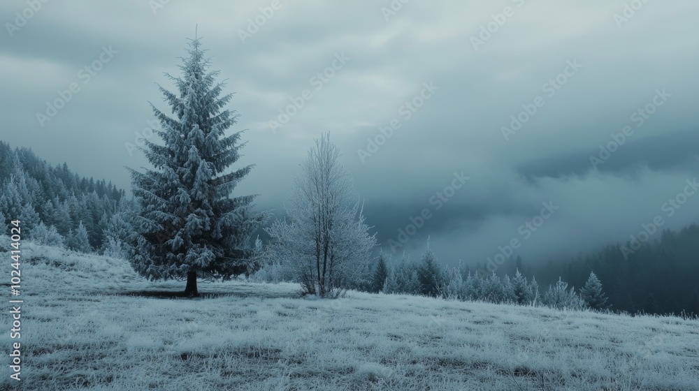 Snow-laden trees pierce winter sky, under cloudy blanket. Snow-laden trees pierce winter sky, under cloudy blanket.