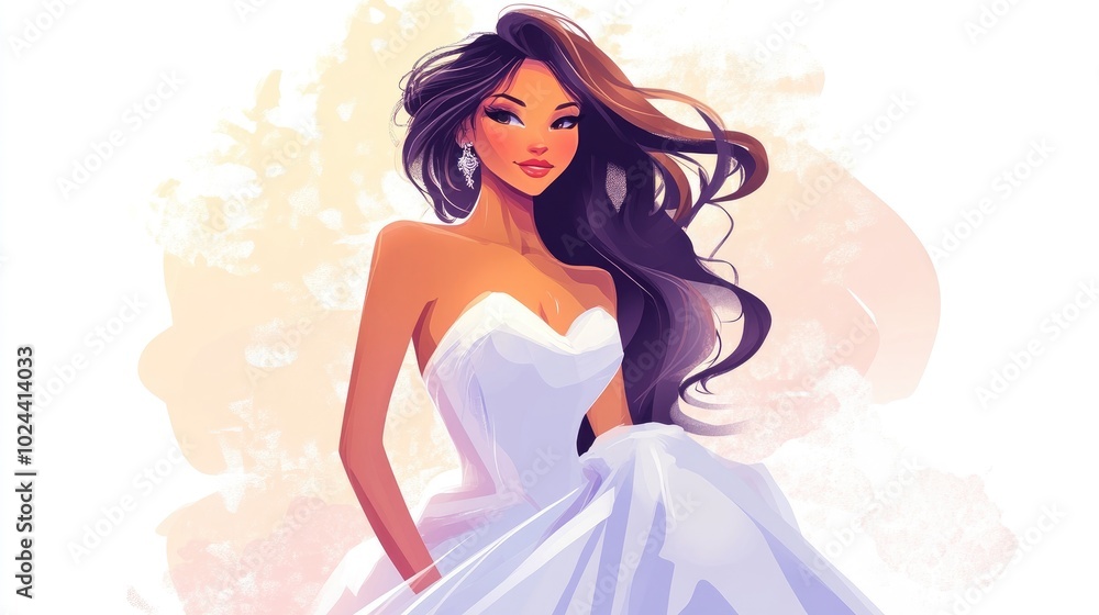 Cartoon style illustration of a fashionable girl wearing a wedding dress Cartoon style illustration of a fashionable girl wearing a wedding dress