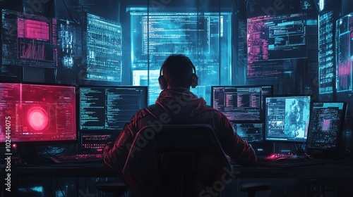 A hacker sits at a computer with multiple screens in a dimly lit room, the screens displaying code and data.