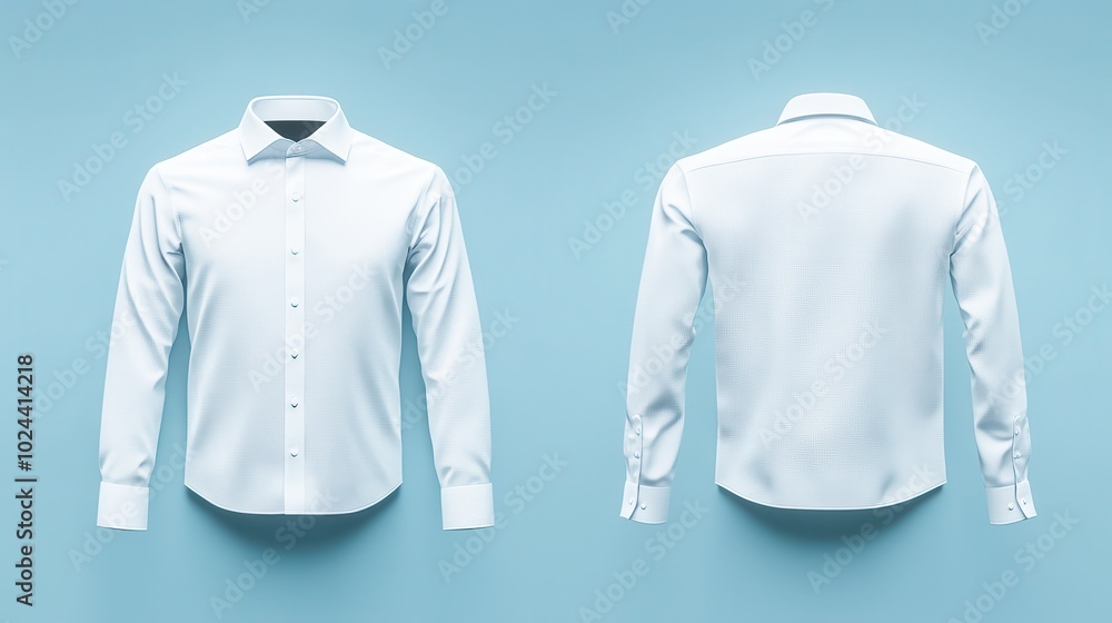 A front and back view of a classic white dress shirt, displayed against a cool, muted blue A front and back view of a classic white dress shirt, displayed against a cool, muted blue