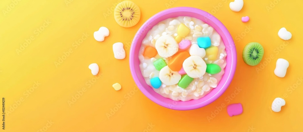 Bowl Of Oatmeal With Banana And Kiwi On Yellow Background Flat Lay With Copy Space Bowl Of Oatmeal With Banana And Kiwi On Yellow Background Flat Lay With Copy Space