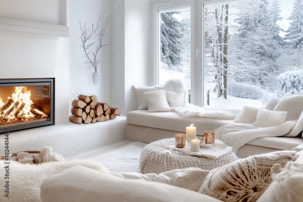 Fototapeta premium A cozy living room with a fireplace, soft white furnishings, and a view of snowy trees, creating a warm, inviting atmosphere.